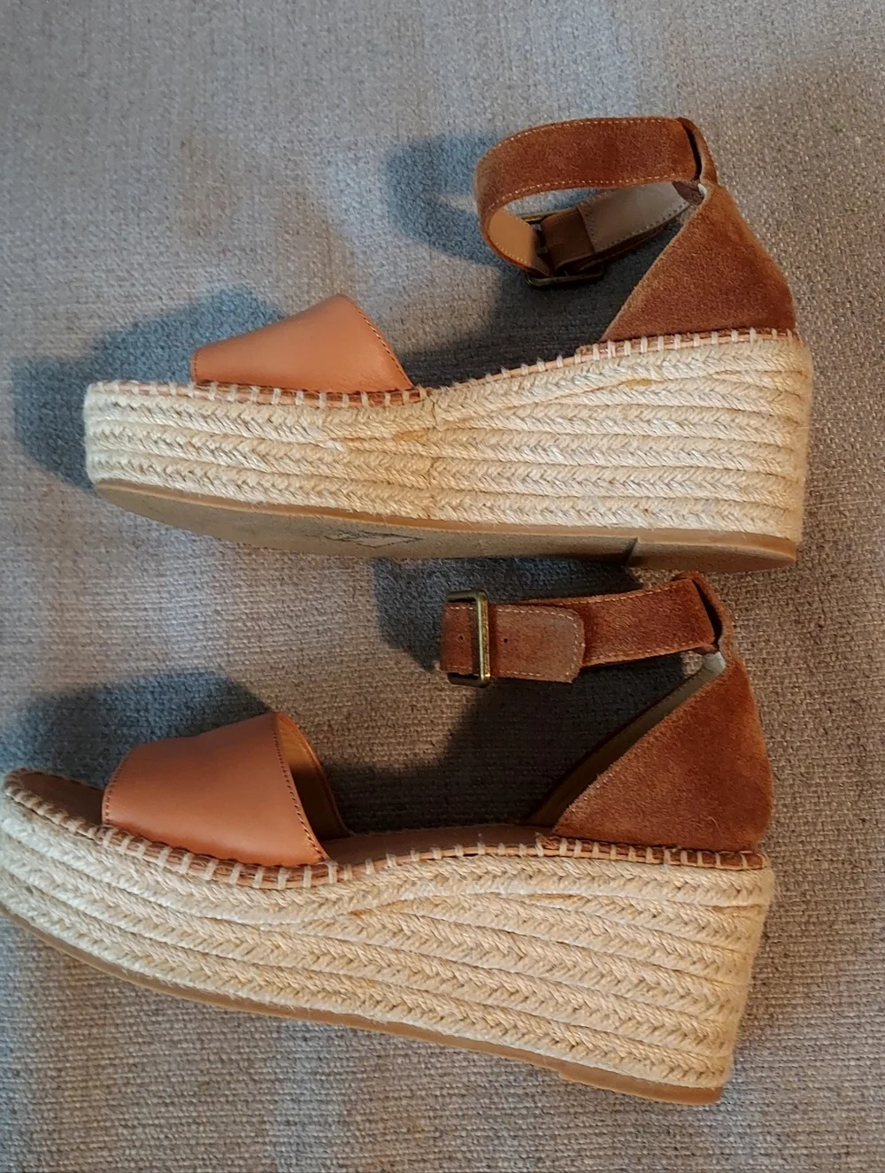 Soludos Tan Leather Espadrille Wedge Sandals with Ankle Strap Sz 7.5